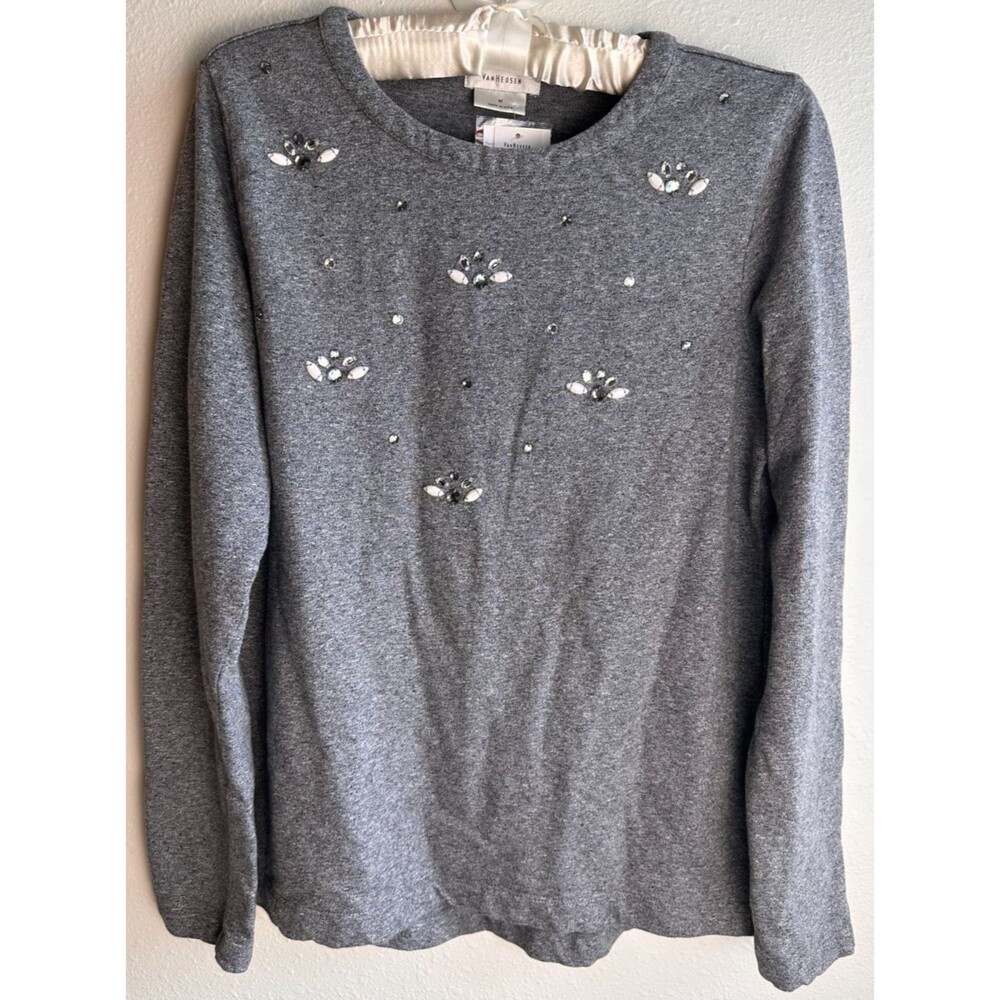 NWT Van Heusen Gray Embellished Long Sleeve Sweater Top Women's M 100% Cotton